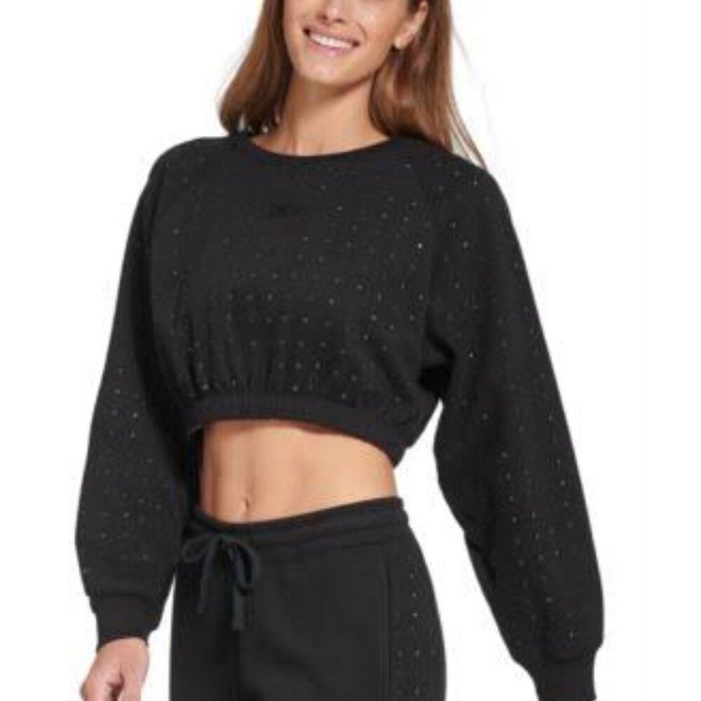 DKNY Sport Rhinestone Embellished Logo Fleece Sweatshirt - Black- Size XL